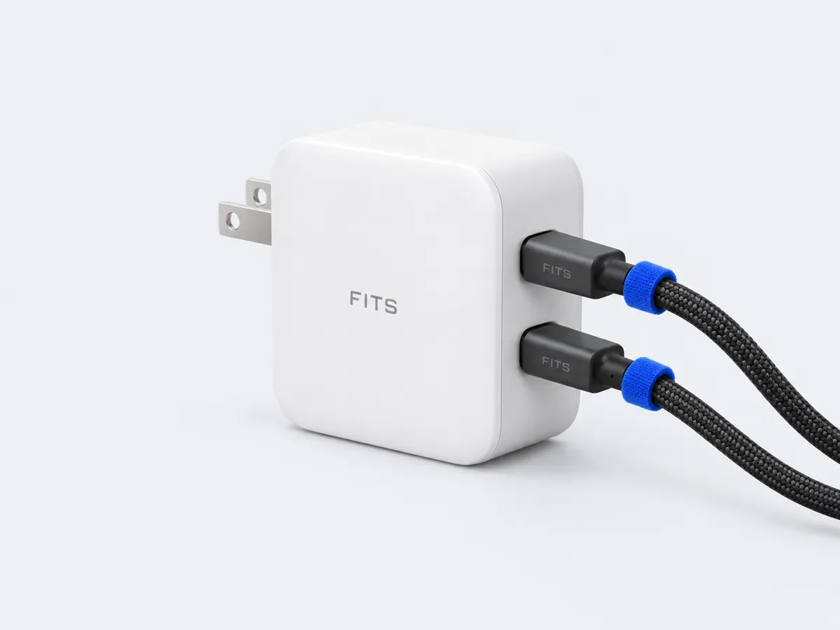 65 W 雙孔快充頭：白色圓角方塊，側面上下兩個 USB-C 孔各插著一條黑色編織線